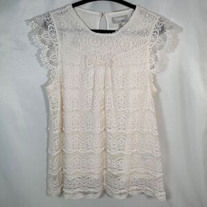 Cupio Blush Ivory Lace Overlay Boho Blouse - Scalloped Flutter Sleeve - Size XL